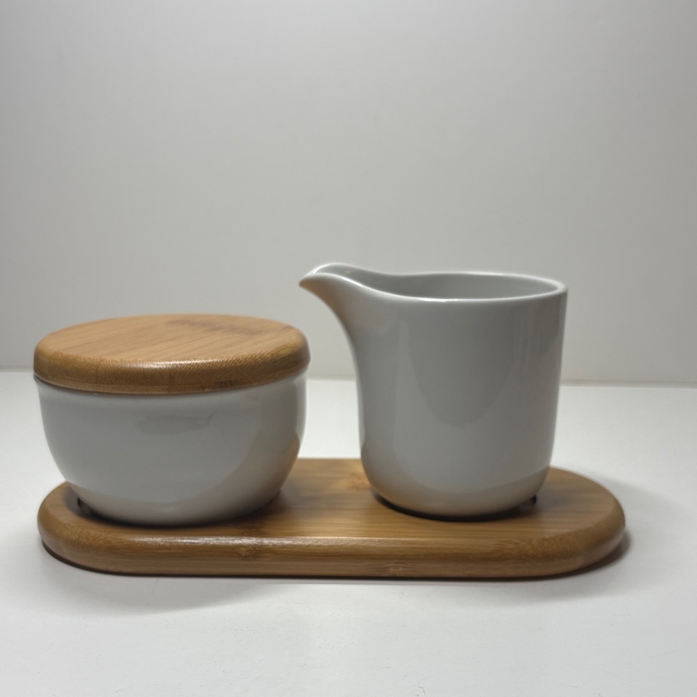 White Ceramic and Bamboo Coffee Accessory Set